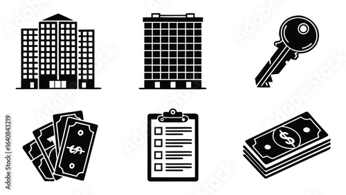 Illustration showing buildings key money and a checklist representing real estate matters exactly