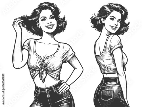 woman in tight jeans and tied top, glancing back with a playful, bold expression sketch engraving generative ai fictional character vector illustration. Scratch board imitation. Black and white image.