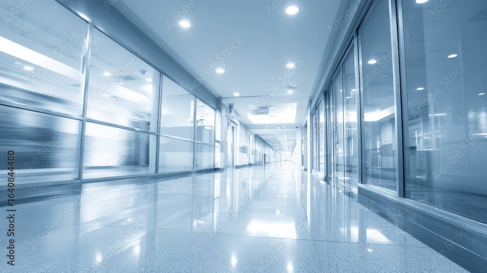 Fototapeta premium Modern Office Interior with Glass Walls and Shiny Floors, Clean Contemporary Design with Blue Toning