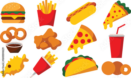 Delicious Fast Food Feast Vector Illustration Featuring Burger, Fries, Pizza, and More Treats
