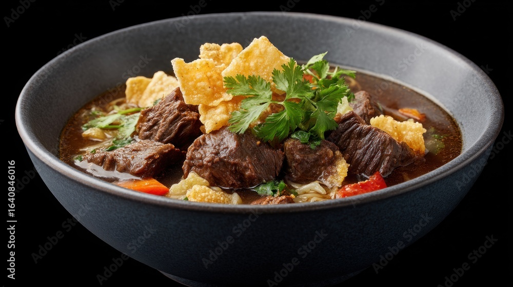 Exquisite bowl of beef stew adorned with crispy wonton strips and parsley Exquisite bowl of beef stew adorned with crispy wonton strips and parsley