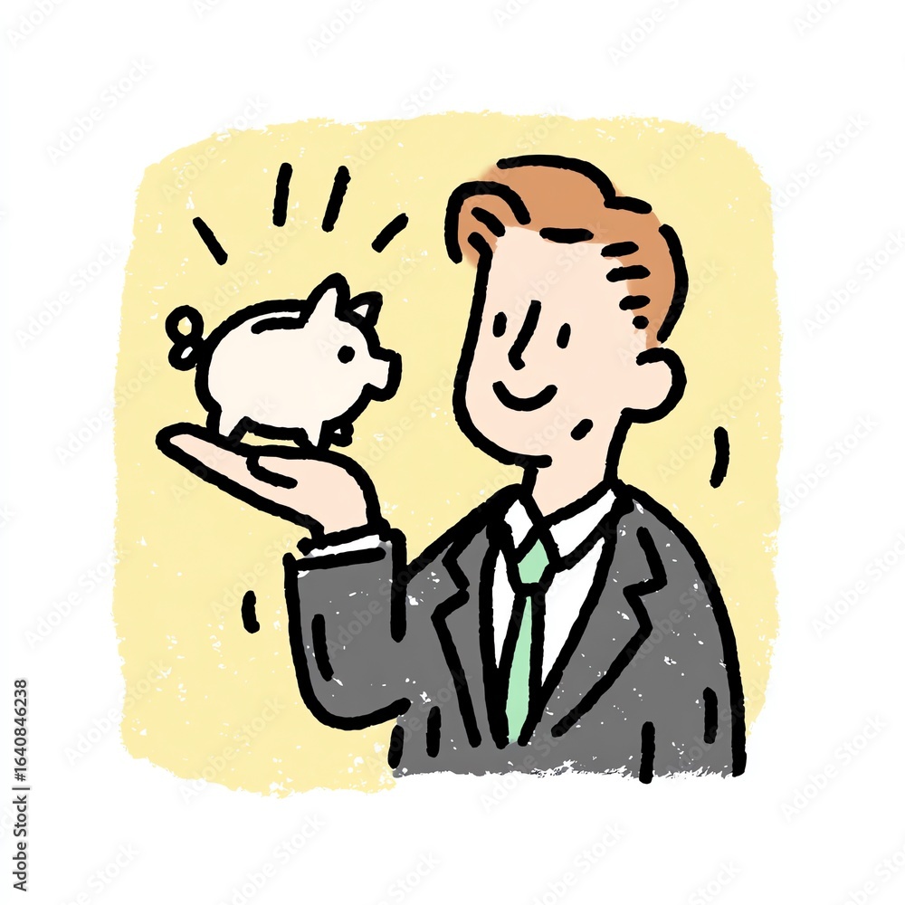 Obraz premium Happy Businessman Shows Piggy Bank, Saving Money, Financial Success, Secure Future, Investment Growth, Prosperity Concept