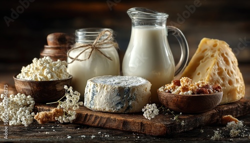 Dairy assortment on rustic wooden board