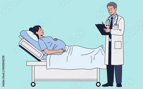Pregnant Woman in Hospital Bed with Doctor Taking Notes.
