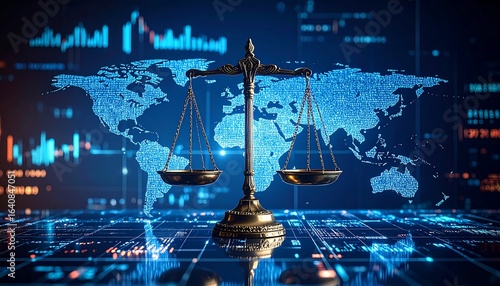 Digital Law  Justice Scales over World Map with Tech Background  Business Ethics.