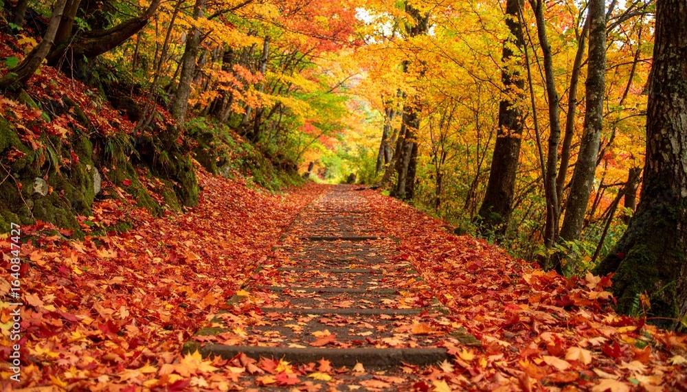 Fototapeta premium Autumn's Golden Path: A Forest Trail Ablaze with Fall Colors, A Symphony of Reds and Golds: Discover the Tranquility of a Forest Trail in Autumn