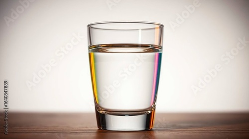 A clear glass about half full of water stands on a wooden surface against a white backdrop