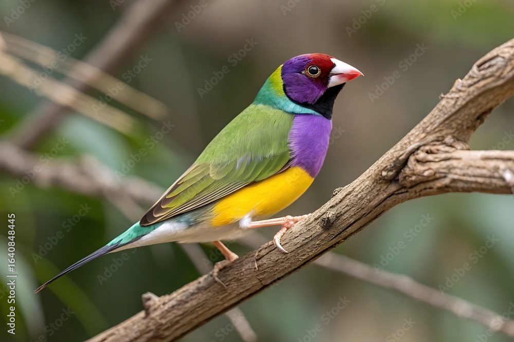 A colorful gouldian finch perched on a branch in a natural environment view A colorful gouldian finch perched on a branch in a natural environment view
