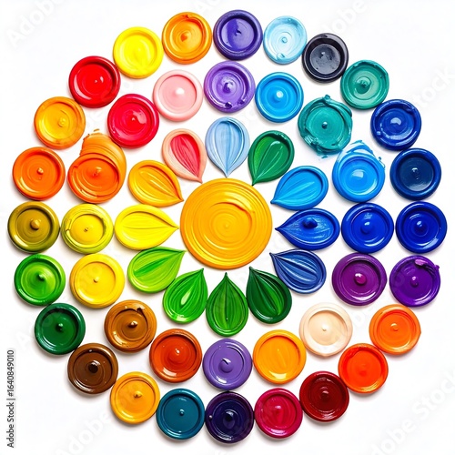 Artistic Spiral Color Palette with Paint Swatches and Blobs on White Background