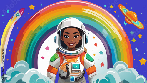Afro-American cosmonaut in protective suit smiling in front of a rainbow, rocket and stars