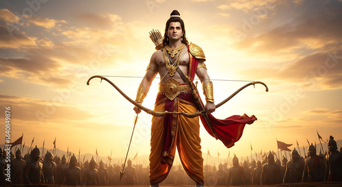 Warrior with bow and arrow facing army at sunset Rama