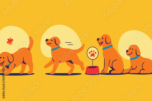 Adorable retriever puppy in various playful poses happily chasing a ball lying down and running showcasing different emotions and daily activities with a focus on pet care and fun