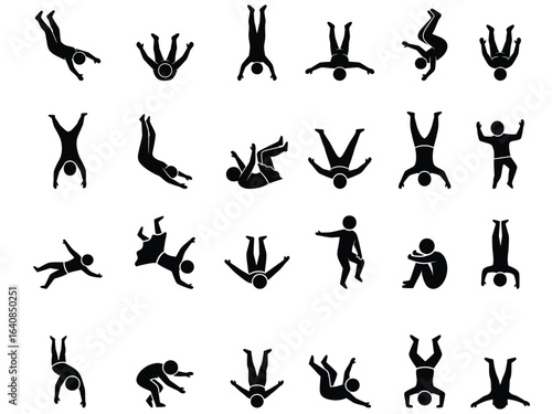 24 Fall Down People Silhouette Icon Set – Human Falling, Accident, Safety, and Emergency Pictograms