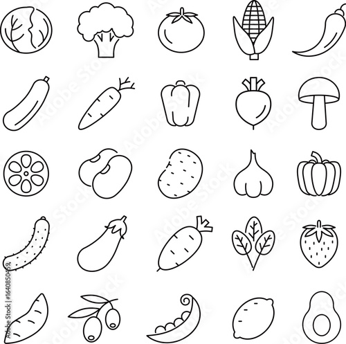 ベクターでモノクロの野菜に関する線画アイコンセット
