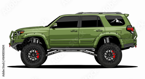 Olive green offroad suv profile illustration