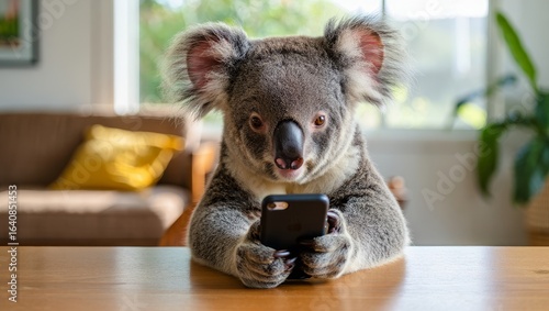 Cute koala bear using smartphone at home adorable wildlife animal photography shot