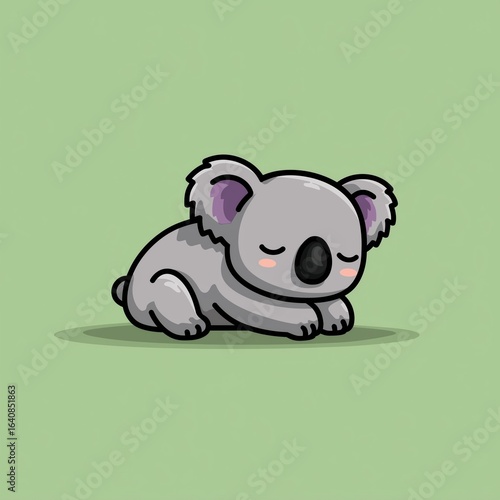 Cute sleeping koala vector icon in flat design with simple lines,soft grey fur, white belly, lying on one leg, adorable cartoon style for children, nature lovers, stickers, or logos.