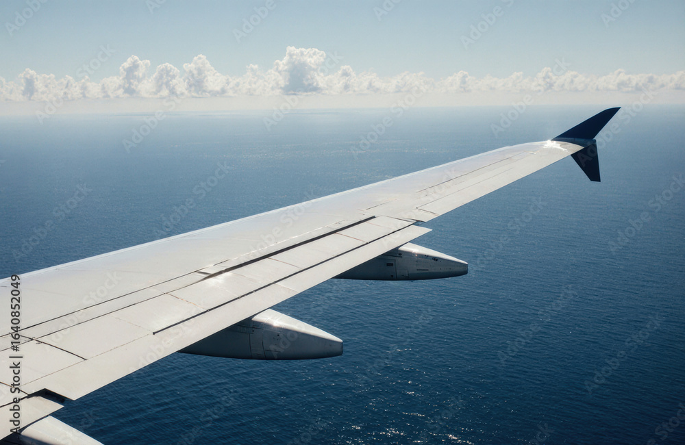 Fototapeta premium Aerial view of an airplane wing flying over the ocean on a clear day
