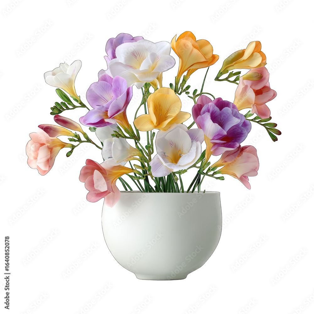 Naklejka premium Vibrant freesia bouquet in a simple white vase (1)