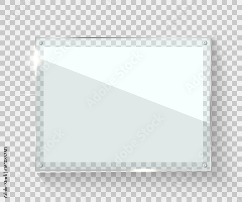 Realistic transparent glass panel with metal screws in corners and glossy surface isolated on white background perfect for signage display or office wall design.