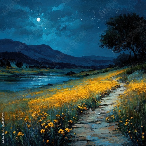Moonlight path through a field of wildflowers