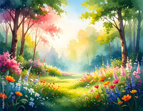 Colorful forest glade bathed in sunlight