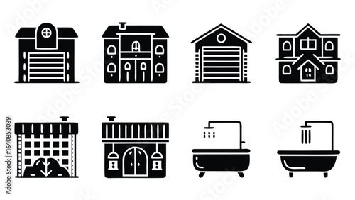 Depiction of various house styles and bathroom fixtures in black and white illustration style design