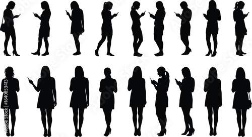 A collection of people silhouettes using mobile phones, a vector illustration representing social media, communication, and digital technology lifestyles.