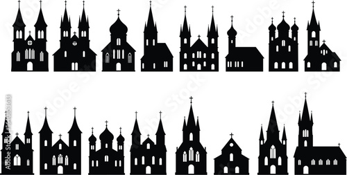 Set of Church Silhouettes, Collection of 15 Gothic and Traditional Style Christian Churches. Flat Vector Illustration, Cad Drawing on White Background.