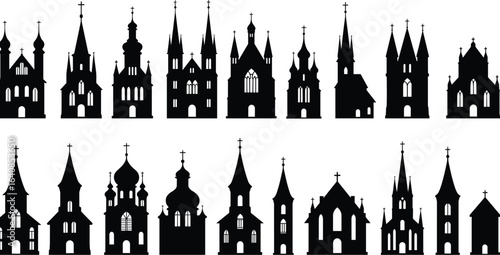 Set of Church Silhouettes, Collection of 15 Gothic and Traditional Style Christian Churches. Flat Vector Illustration, Cad Drawing on White Background.