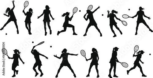 Collection of Female Tennis Player Silhouettes, Set of 12 Women with Rackets, Isolated on White Background. Flat Vector Illustration, Cad Drawing.