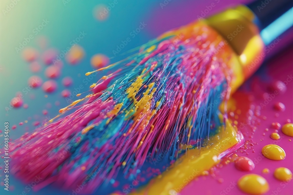 Fototapeta premium Closeup shows a paint brush soaked in pink blue and yellow paint resting on a multicolored surface
