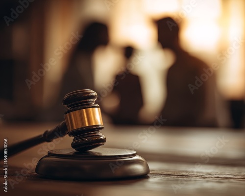 Family law custody hearing with judge gavel, courtroom legal dispute, family in background, family law custody hearing