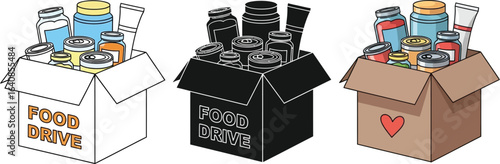Illustration of three food drive boxes filled with canned goods and jars