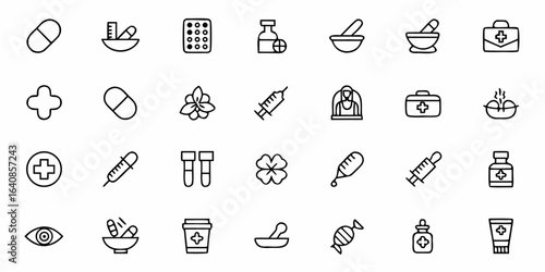 Pharmacy & Medication Line Art Icons — Minimal Medical, Prescription & Drugstore Symbols