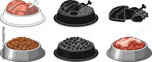 Illustrated dog food bowls with different food types and color variations