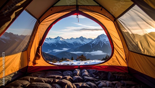 the mountain view from inside the tent. camping in the mountains