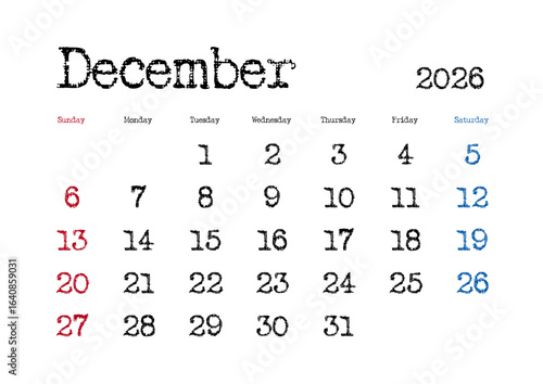 2026年12月のタイプライター文字カレンダー 日曜始まり 日本の祝日表記無し