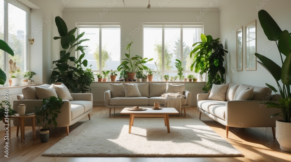 Fototapeta premium Bright living room features neutral sofas and lush green plants near .