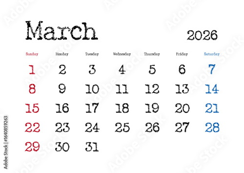 2026年3月のタイプライター文字カレンダー 日曜始まり 日本の祝日表記無し