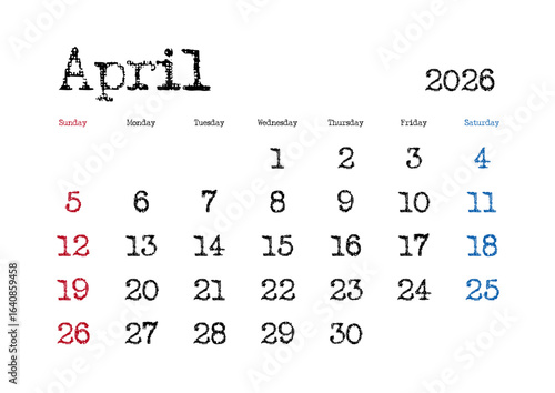 2026年4月のタイプライター文字カレンダー 日曜始まり 日本の祝日表記無し