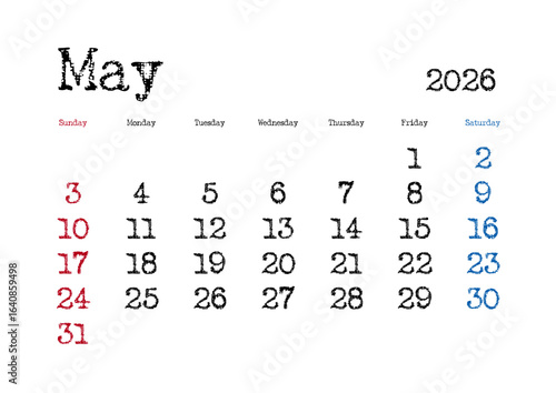 2026年5月のタイプライター文字カレンダー 日曜始まり 日本の祝日表記無し