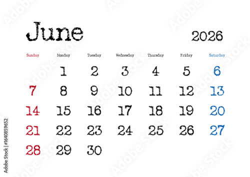 2026年6月のタイプライター文字カレンダー 日曜始まり 日本の祝日表記無し