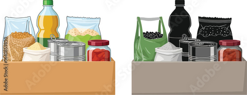 Illustration of food donation boxes with assorted groceries and supplies