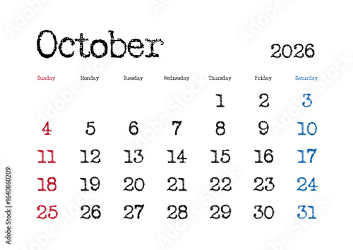 2026年10月のタイプライター文字カレンダー 日曜始まり 日本の祝日表記無し