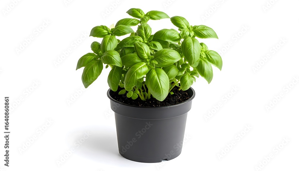 Fototapeta premium Fresh Basil Plant in Black Pot with Isolated on White, and Culinary Herb for Cooking.