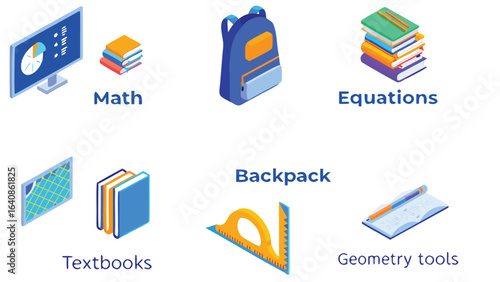 Isometric illustration of school supplies including books backpack and geometry tools on a white background