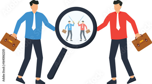 Business Conflict Concept, Two Men with Briefcases and a Magnifying Glass Showing a Sword Fight,briefcase holders, cartoon illustration, business partners, office workers, team members