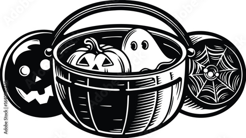 Halloween basket with pumpkin, ghost, and spiderweb for trick or treat