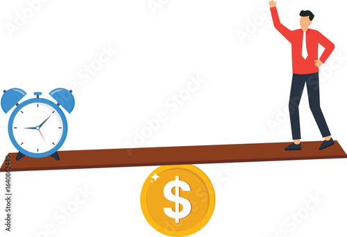 Time vs. Money Concept: Businessman on a Teeter-Totter with Alarm Clock and Dollar Sign,, business man, time concept, money concept, golden dollar, blue clock, white background, raised arm,